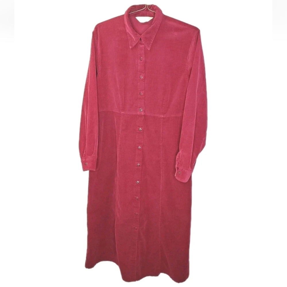 Vtg 80s Eddie Bauer Corduroy Long Shirt Dress XL 16W Burgundy Cottage Holiday